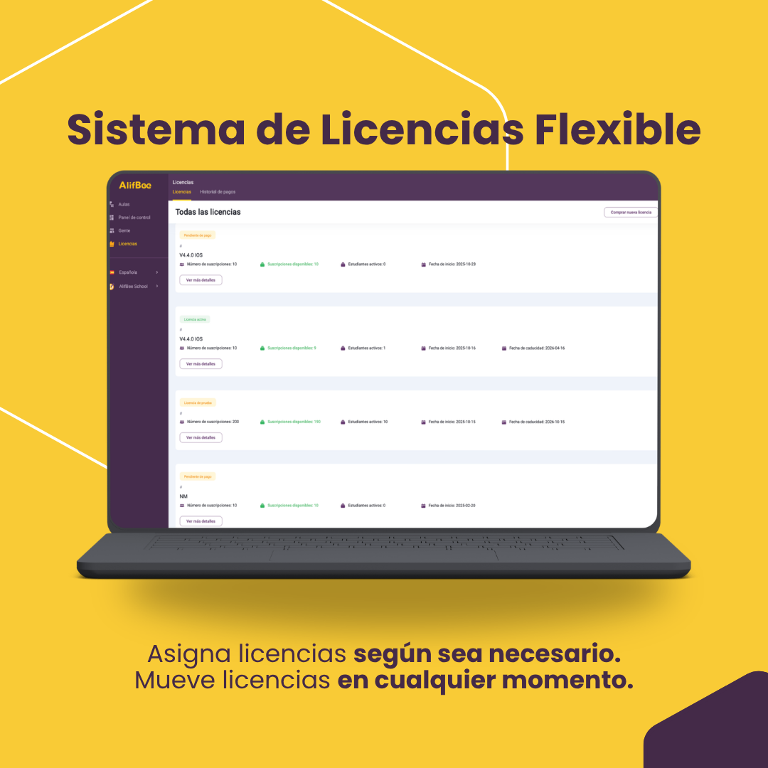 Licencias AlifBee Para Escuelas Incluyen Acceso a la App y Panel de Control
